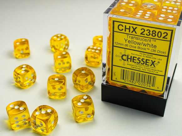 Chessex Dice: Translucent - 12mm D6 Yellow/White (36)
