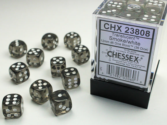 Chessex Dice: Translucent - 12mm D6 Smoke/White (36)
