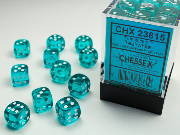Chessex Dice: Translucent - 12mm D6 Teal/White (36)
