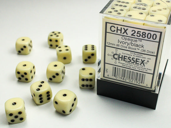Chessex Dice: Opaque - 12mm D6 Ivory/Black (36)