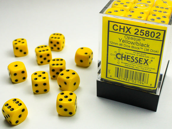 Chessex Dice: Opaque - 12mm D6 Yellow/Black (36)