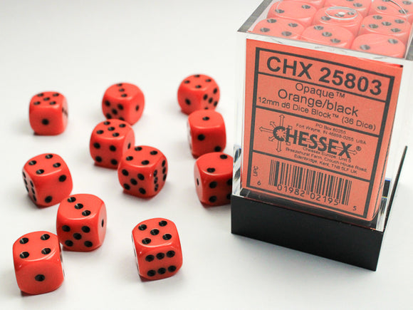 Chessex Dice: Opaque - 12mm D6 Orange/Black (36)