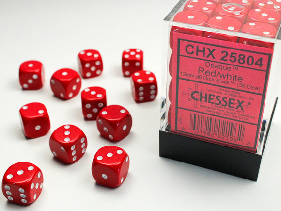 Chessex Dice: Opaque - 12mm D6 Red/White (36)