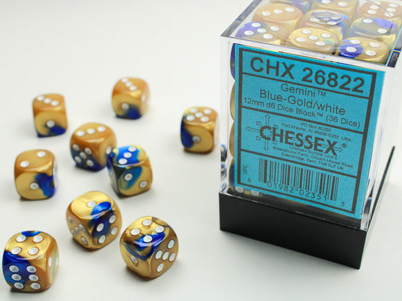Chessex Dice: Gemini - 12mm D6 Blue-Gold/White (36)
