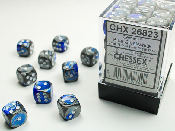 Chessex Dice: Gemini - 12mm D6 Blue-Steel/White (36)