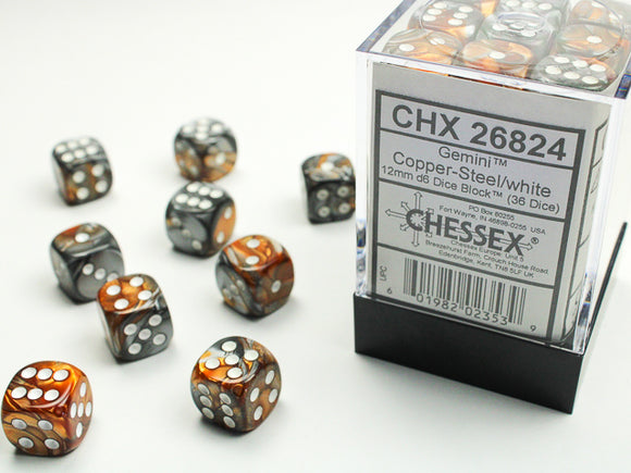 Chessex Dice: Gemini - 12mm D6 Copper-Steel/White (36)