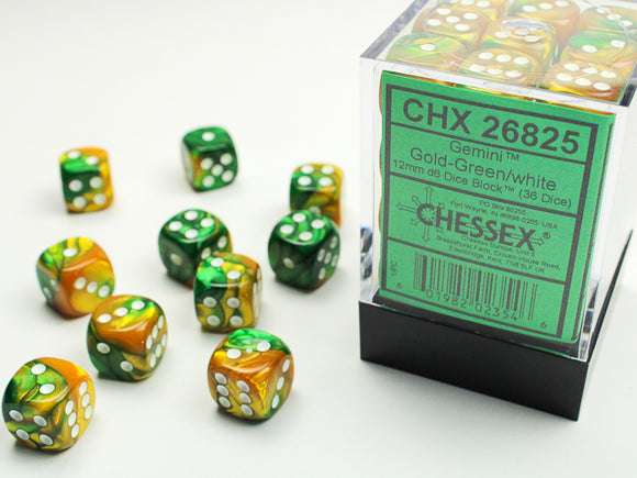 Chessex Dice: Gemini - 12mm D6 Gold-Green/White (36)