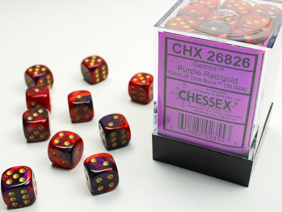 Chessex Dice: Gemini - 12mm D6 Purple-Red/Gold (36)