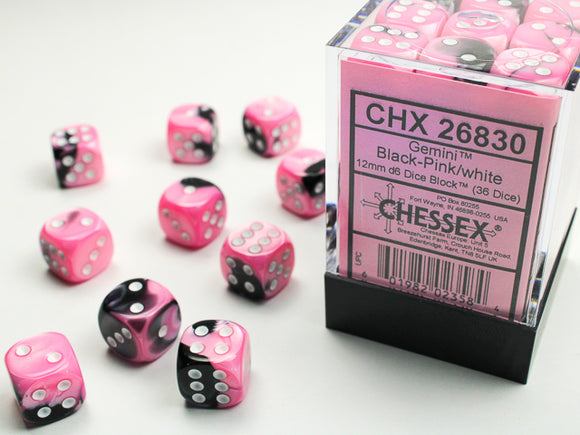 Chessex Dice: Gemini - 12mm D6 Black-Pink/White (36)