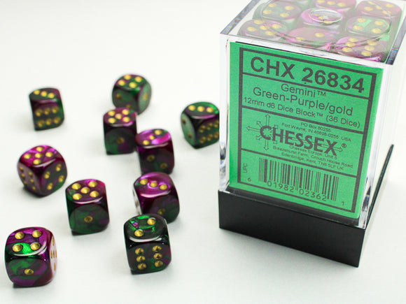 Chessex Dice: Gemini - 12mm D6 Green-Purple/Gold (36)