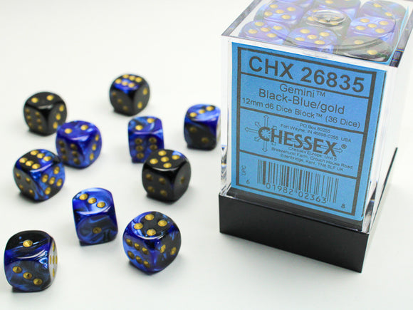 Chessex Dice: Gemini - 12mm D6 Black-Blue/Gold (36)