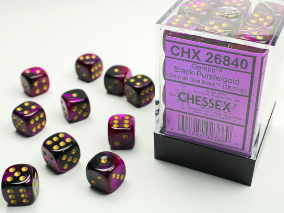 Chessex Dice: Gemini - 12mm D6 Black-Purple/Gold (36)