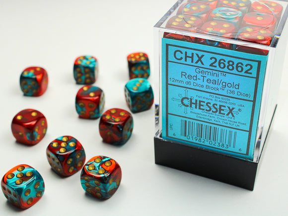 Chessex Dice: Gemini - 12mm D6 Red-Teal/Gold (36)