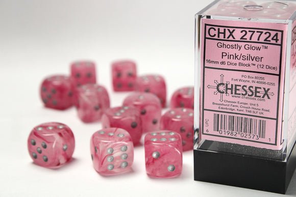 Chessex Dice: Ghostly Glow - 16mm D6 Pink/Silver (12)