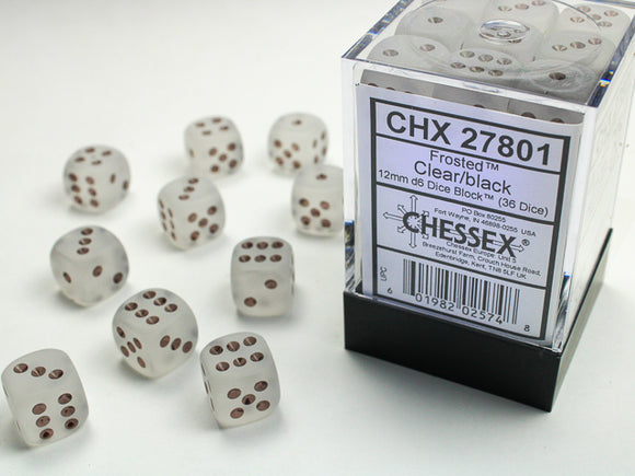 Chessex Dice: Frosted - 12mm D6 Clear/Black (36)