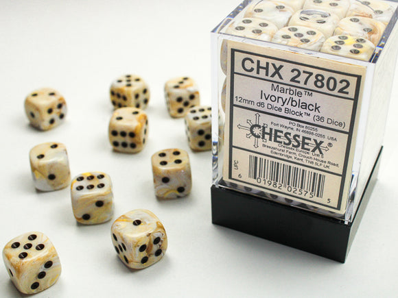Chessex Dice: Marble - 12mm D6 Ivory/Black (36)