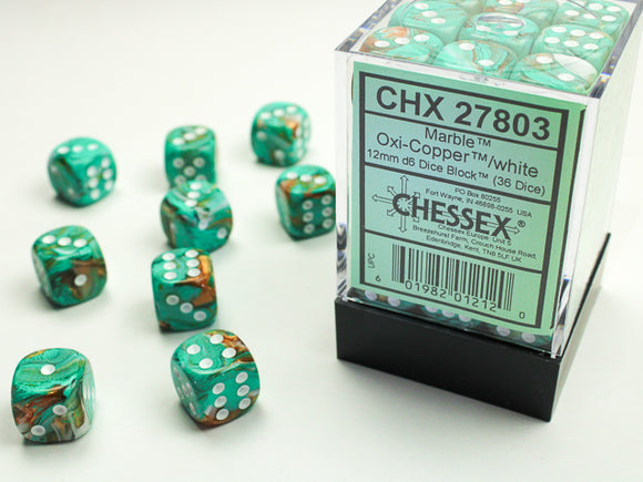 Chessex Dice: Marble - 12mm D6 Oxi-Copper/White (36)