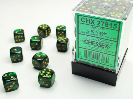 Chessex Dice:  Scarab - 12mm D6 Jade/gold Dice Block (36)