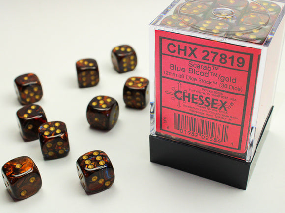 Chessex Dice: Scarab - 12mm D6 Blue Blood/Gold (36)
