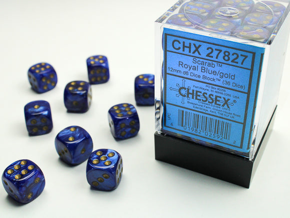 Chessex Dice: Scarab - 12mm D6 Royal Blue/Gold (36)