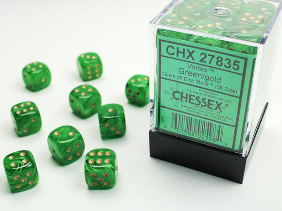 Chessex Dice: Vortex - 12mm D6 Green/Gold (36)