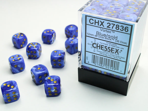 Chessex Dice: Vortex - 12mm D6 Blue/Gold (36)