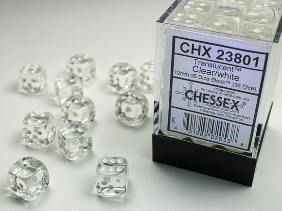 Chessex Dice: Translucent - 12mm D6 Clear/White (36)