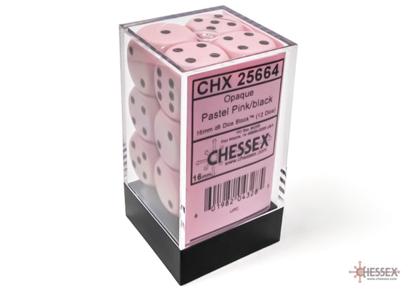 Chessex Dice: Opaque - 16mm D6 Pastel Pink/Black (12)