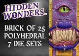 Advertisement for 'Hidden Wonders' polyhedral dice set with a purple eye design on a black background.