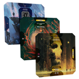 Three sci-fi themed game cards or boxes arranged overlapping on a black background, each with detailed illustrated artwork and labeled sections including Hall of Radiance, Misty Shimmer Zone, and Chambers of Remembrance.