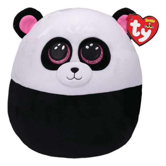 Plush toy panda with black and white color scheme and pink accents, featuring a Ty logo.