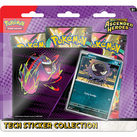 Pokémon trading card game packaging with cards and stickers on a purple background