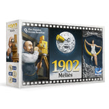 Board game box for '1902 Melies' featuring illustrations of a filmmaker, a moon, and a woman on the moon.