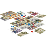 Board game with cards and pieces on a white background