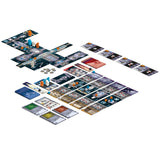 Board game setup with cards and pieces on a white background