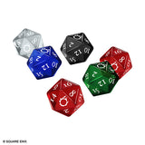 Set of polyhedral dice in red, green, blue, black, and silver on a white background.