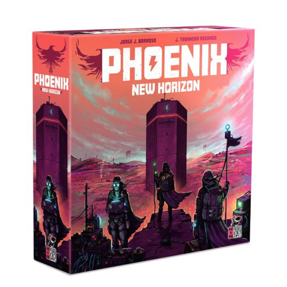 Board game box titled 'Phoenix: New Horizon' with futuristic art and characters on a pink and purple gradient background.