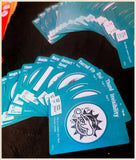 Collection of blue cards with white text and symbols on a dark background
