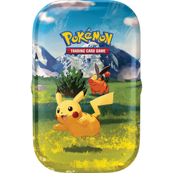 Pokémon trading card game packaging with Pikachu and other characters on a grassy field background.