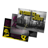 Two vinyl records with black and yellow text and graphics on a white background