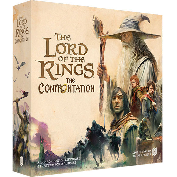 Board game box for 'The Lord of the Rings: The Confrontation' with characters and text on the cover.