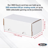 White card box with dimensions and text about card capacity on a white background