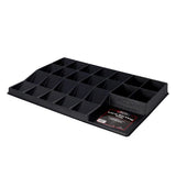 Black card storage tray with compartments on a white background