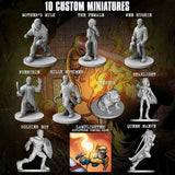 Collection of 10 custom miniatures with a dark, fantasy-themed background.