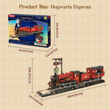Product size diagram for a Harry Potter Hogwarts Express train model, showing both the retail box and the assembled train with dimension labels on a beige patterned background.