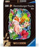 Ravensburger 300-piece puzzle box with colorful parrots and flowers on a black background