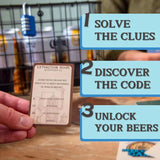 Card game with text 'Solve the Clues', 'Discover the Code', and 'Unlock Your Beers' held by a hand.