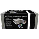 Storage 3-Drawer Organizer packaging with text and images on a white background