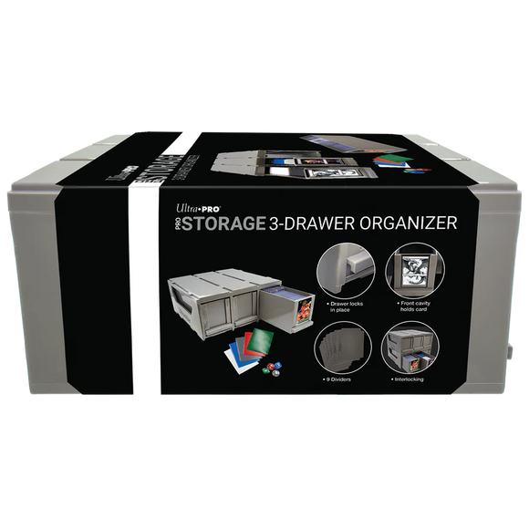 Boxed Ultra-Pro storage 3-drawer organizer on a white background