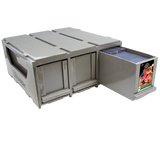 Gray storage unit with open drawer displaying products on a white background